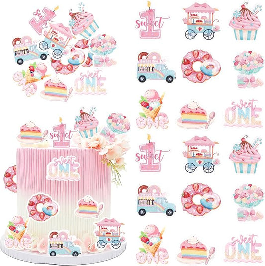 63 PCS Sweet One Cupcake Toppers Donut Flowers ice Cream Dessert Cart Cupcake Picks Donut 1st Birthday Party Decorations for Baby Shower Girls Birthday Party Cake Decorations Supplies