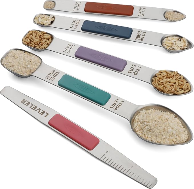 Magnetic Measuring Spoons Set Stainless Steel Double Sided Measuring Spoons with 1 Leveler Measuring Teaspoon Tablespoon for Dry and Liquid Ingredients (5, Multicolor)