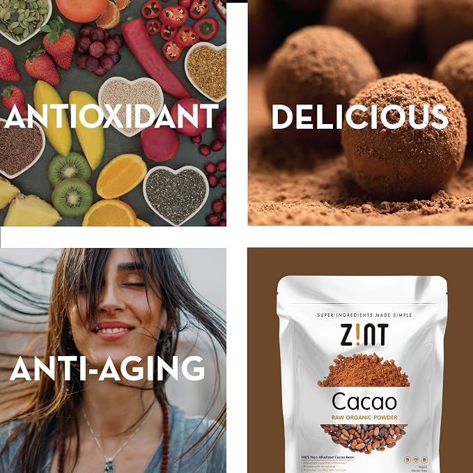 Zint Organic Cacao Powder (8 oz): Organic, Non GMO, Anti Aging Antioxidant Superfood, Gluten Free Cocoa Cacao Beans, Pure Delicious Chocolate Essence