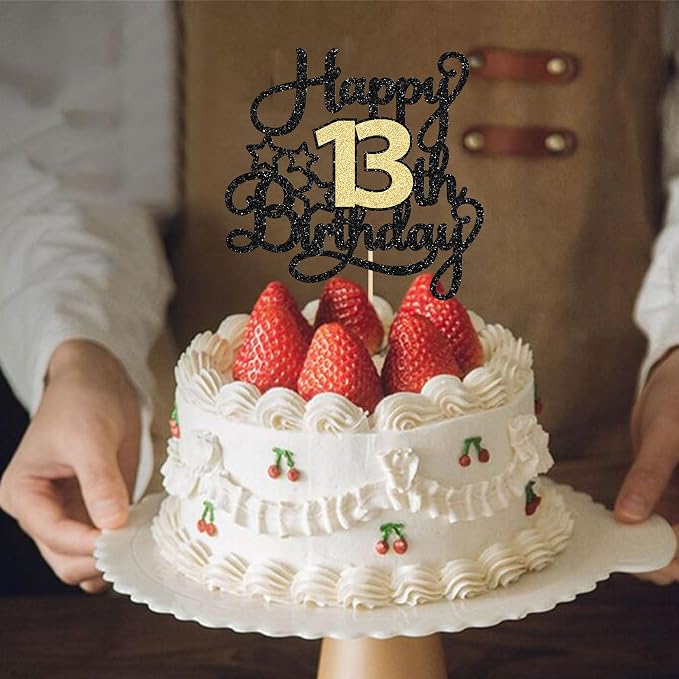 1Pc Happy 13th Birthday Cake Topper Black Gold Glitter Cheers to 13 Years Birthday Cake Pick 13 Official Teenager Cake Decoration for Happy 13th Birthday Anniversary Party Supplies