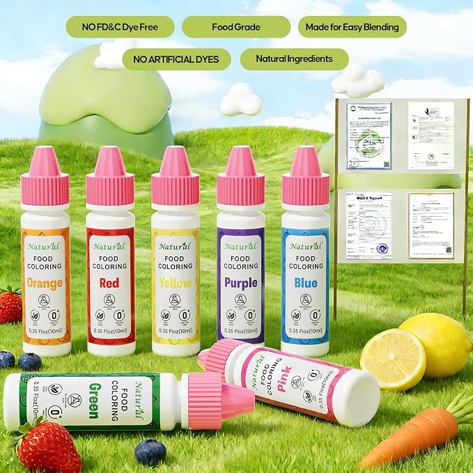 Natural Food Coloring 7 Colors Set 10ml, FD&C Dye Free & No Artificial Dyes Baking Supplies, Vibrant Rainbow Natural Edible Dye for Cake Decorating, Cookie Icing, Fondant Frosting & Slime| 0.35oz/Bottles
