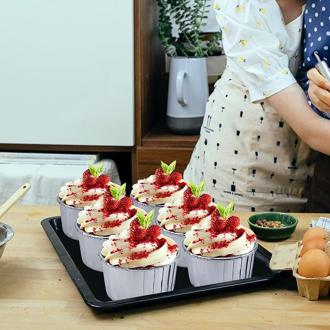 50 Pack Foil Cupcake Liners with Dome Lids,LNYZQUS 5oz Large Cupcake Cups,Disposable Muffin Tins Ramekins Pans Baking Cups Wrappers Holders-Silver