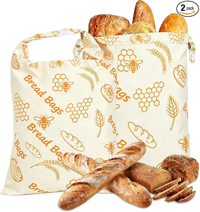 Reusable Beeswax Bread Bags Sourdough - Large Linen Bees Wax Bag for Storage Homemade Loaf - Cotton and Waxed Wrap Lined Container Lined for Sour Dough Fresh Food - Sealable Bread Keeper 2PK Set Gifts