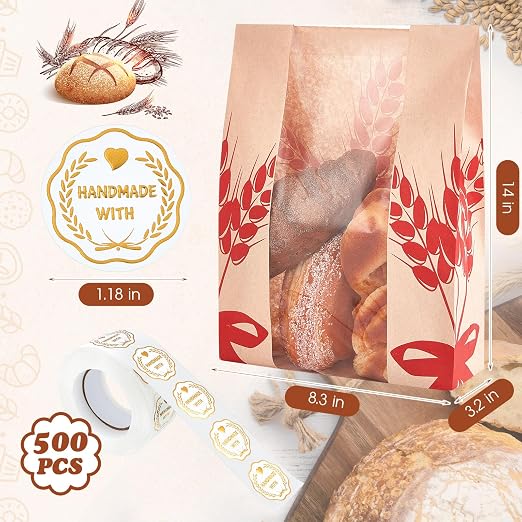 Gueevin 100 Pcs Kraft Paper Bread Bag for Homemade Bread Large Sourdough Loaf Bag with Clear Window Bakery Food Package Storage with 500 Pcs Sticker for Popcorn Cookies, 14x8.3x3.2''