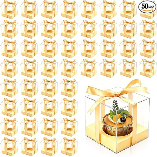 50 Pcs God Clear Plastic Cupcake Boxes, Individual 3.5 Inch Single Holder Containers with Insert and Ribbon, Paper Base for Wedding, Birthday, Party Favor Gift