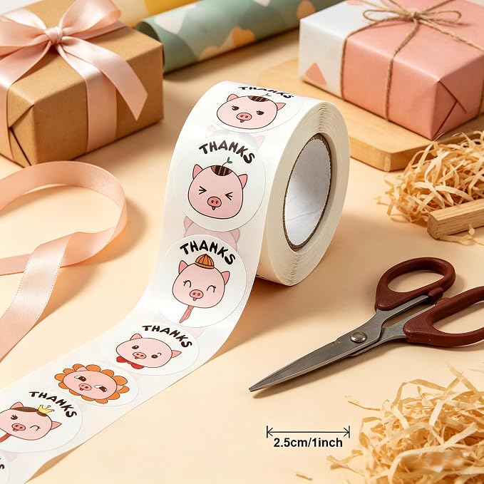 BLESS-VAST 500 PCS Thank You Stickers for Small Business - 1 Inch Cartoon Animal Cute Pig Thank You Stickers for Baking Packaging Envelope Seals Wedding Birthday Party Gift Wrap Bag (Pig)