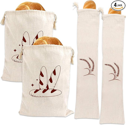 Augshy 4 Packs Linen Bread Bags for Homemade Bread, Unbleached, Reusable Bread Storage Bakery & Baguette