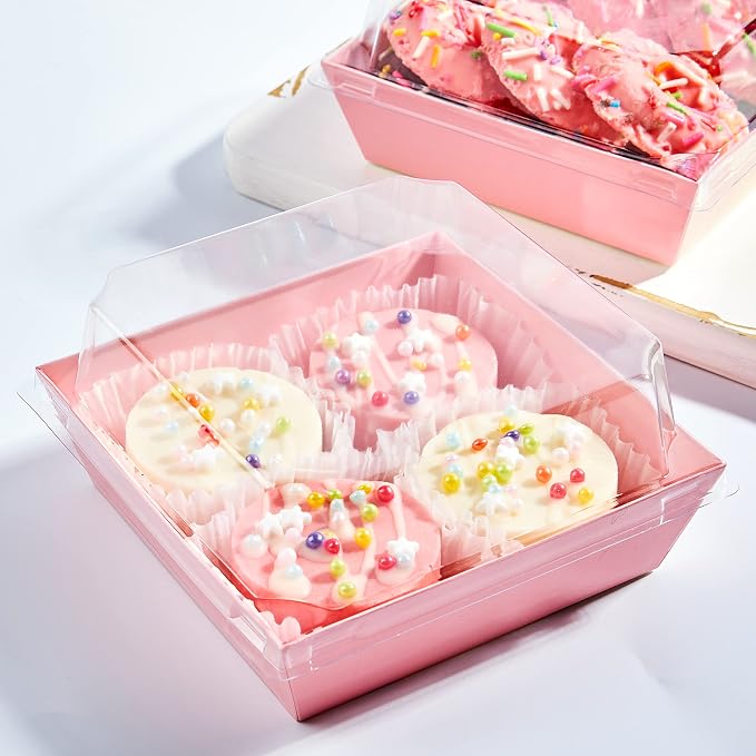 Ocmoiy 50 Pack Small Charcuterie Boxes with Clear Lids 4x4 Inch, To Go Disposable Paper Food Containers Bakery Treat Boxes for Desserts, Cake Slice, Cookies, Strawberries (Pink, 50)