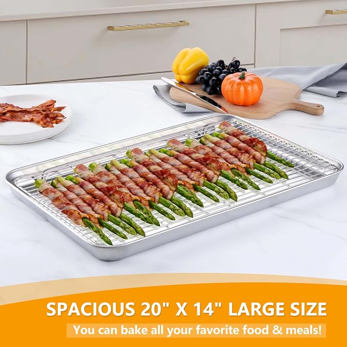 Homikit Baking Sheet with Rack Set (2 Pans+2 Racks), 20x14 Inches Large Stainless Steel Cookie Sheets & Cooling Racks Non Toxic, Big Metal Bacon Crisp Trays for Oven Baking Cooking, Dishwasher Safe