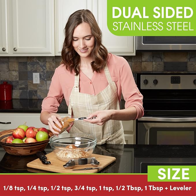 Spring Chef Stainless Steel Magnetic Measuring Spoons Set of 8 with Leveler, Dual Sided Metal Teaspoon & Tablespoon Measuring Spoons, Nesting Kitchen Gadgets for Baking & Cooking - 2 Pack - Black