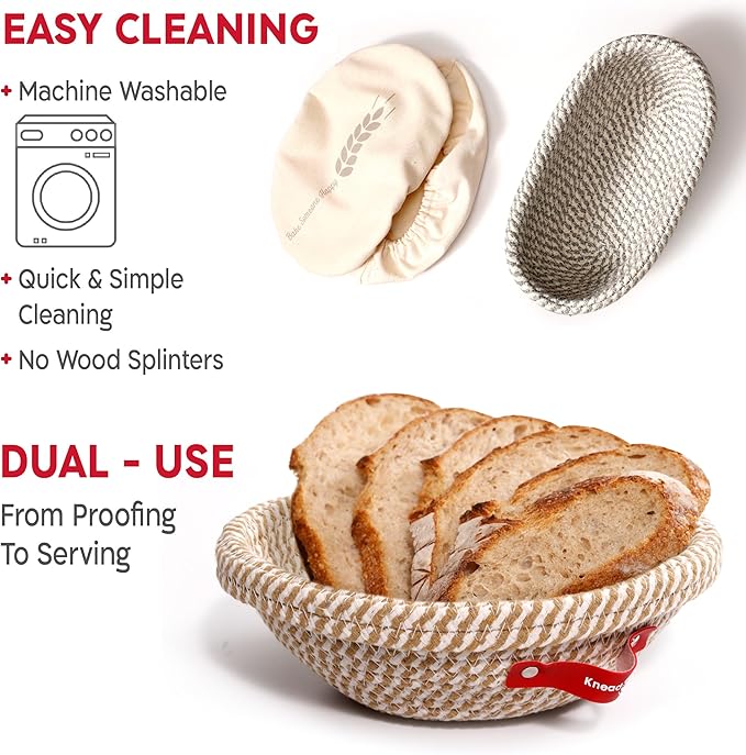 KneadAce Sourdough Kit, Sourdough essentials tools including round & oval proofing basket, round & oval bread sling, bread lame, bench scraper and baker's brush set and dough wand