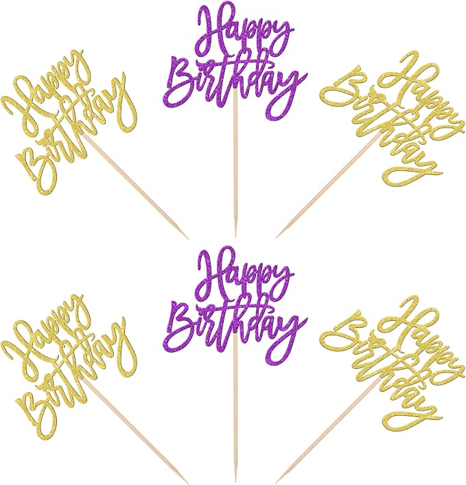 24 PCS Happy Birthday Cupcake Toppers Glitter Happy Birthday Cupcake Picks for Celebrating Anniversary Theme Party Cake Decorations Supplies Gold Purple