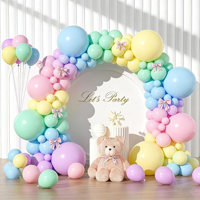 Pastel Balloon Arch Kit, 147pcs Macaron Rainbow Latex Balloon, Different Sizes 18 12 10 5 Inch for Garland Baby Shower Birthday Party Gender Reveal Garland Decoration