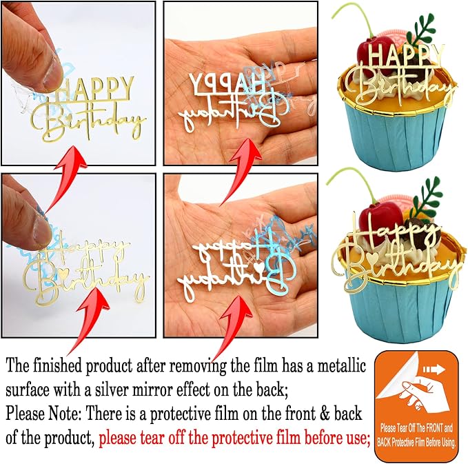 Happy Birthday Cake Topper, Gold Mirror Acrylic, 12 Pieces, Cupcake Party Decorations
