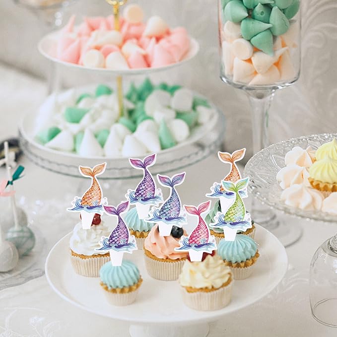 40 PCS Mermaid Tail Cupcake Toppers Double Sided Under the Sea Mini Tail Cupcake Picks Mermaid Birthday Decorations for Ocean theme Baby Shower Birthday Party Cake Decorations Supplies