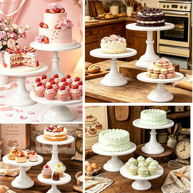 Three-piece Cake Stand Set, Metal Round Trays, 8-inch, 10-inch, and 12-inch, for Dessert Table displays; Perfect for Christmas, Thanksgiving, Birthdays, Weddings, and Other Celebrations(White)