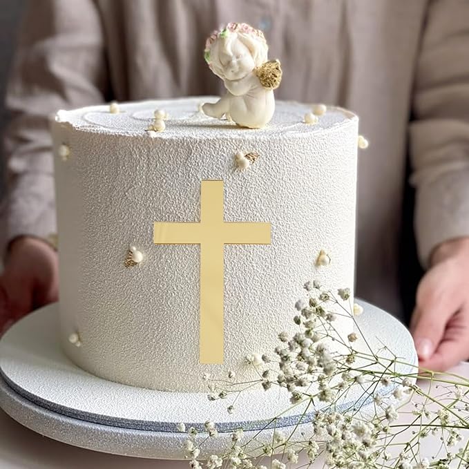 Golden Cross Cake Topper - First Holy Communion Party Decorations,Acrylic Cross Cake Topper Photo Props,God Bless Baptism Centerpiece,Religious Birthday Wedding Party Decorations