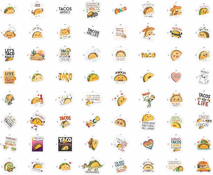 100Pcs Taco Stickers for Adults Vinyl - Mexican Food Stickers for Water Bottles, Scrapbooking, Laptop - Mexican Party Favors, Decorations - Gifts for Taco Lovers - Gift for Women & Men
