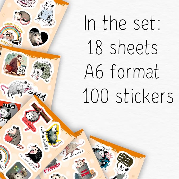 100Pcs Possum Stickers, Opossum Stickers - Possum Gifts - Opossum Party Decoration, Favors - Gift for Women & Men