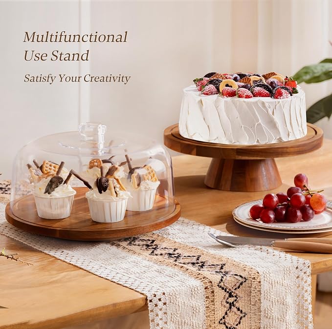 Farmyards Rotatable Acacia Wood Cake Display Stand with Acrylic Dome Lid - 2-in-1 Rotating Cake Holder, Cake Plate Display with Cover for Baking Gifts, Dessert Table Display Set & Charcuterie Board