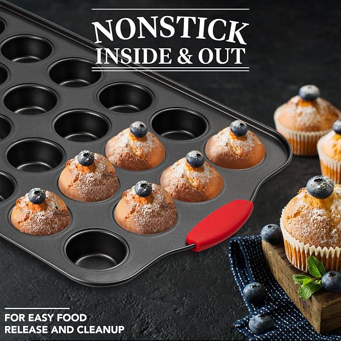 Tiawudi Mini Muffin Pan, 24 Cavity Cupcake Pan, Nonstick Baking Pan, Heavy Duty Small Muffin Tin with Silicone Grip Handles, Set of 2