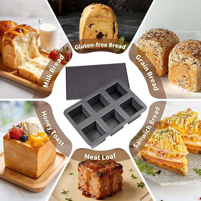 6-Cavity Mini Pullman Loaf Pan with Lid, Mini Loaf Pan 2.4 x 2.4 x 2.4 inch Square Bread Baking Mold, Nonstick Heavy Duty Carbon Steel Toast Box with Cover for Homemade Sandwich, Milk Bread, Meatloaf