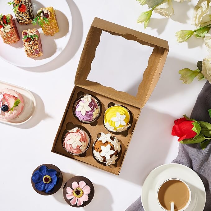 Cupcake Boxes 6.2x6.2x3 Inches 20 Pack with Window & 4 Cavity - Versatile Baking Containers for Cupcakes, Cookies & Treats | Holiday, Birthday & Bakery Supplies