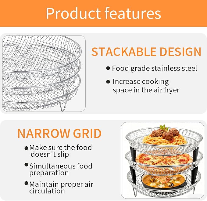 3 Pieces Set Air Fryer Rack Set, 8 Inch Round Food Grade Stainless Steel Stackable Dehydrator Rack Mesh Tray for Air Fryer Oven Fits Inner Size ≥8.6 Inch