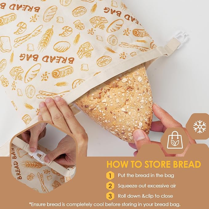 2-Pack pure cotton Reusable Beeswax Bread Bags - Large 17x13 Inch for Sourdough & Homemade Bread Storage | All-Natural Beeswax Preservation, Eco-Friendly Cotton Food Bags - Easy to Clean & Daily Use