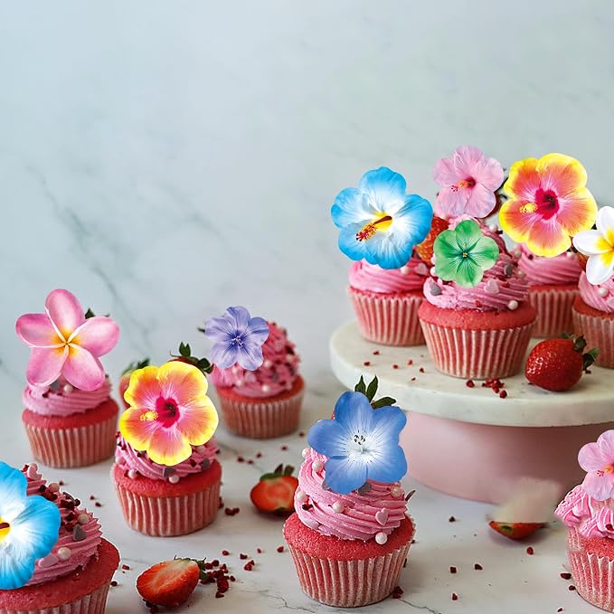 48 PCS Edible Flowers Cupcake Toppers Wafer Paper Birthday Party Hawaiian Birthday Party Decoration Wedding Themed Party Cake Decoration