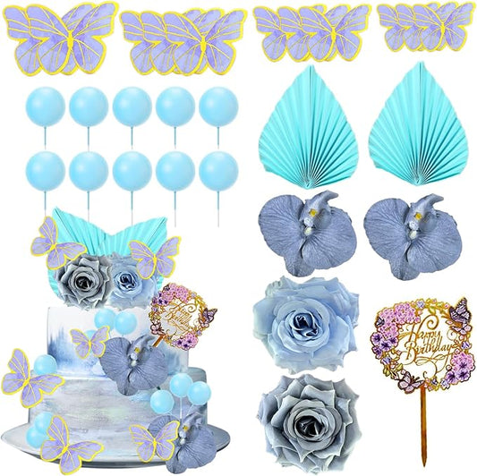 27 PCS Flower Cake Decorations Blue Cake Decorations Boho Butterfly Cake Toppers with Rose Artifical Flowers Palm Leaves Balls Happy Birthday Cake Topper for Birthday Party Wedding Baby Shower