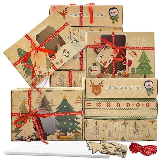 12 Packs Brown Christmas Cookie Boxes with Window for Gift Giving, Cute Cartoon Christmas tree/snow man/penguin Pattern Holiday Bakery Treat Boxes, Baking Box Xmas Kraft Boxes with Ribbons and DIY Gift Tags, Pastry, Candy, Party Favors