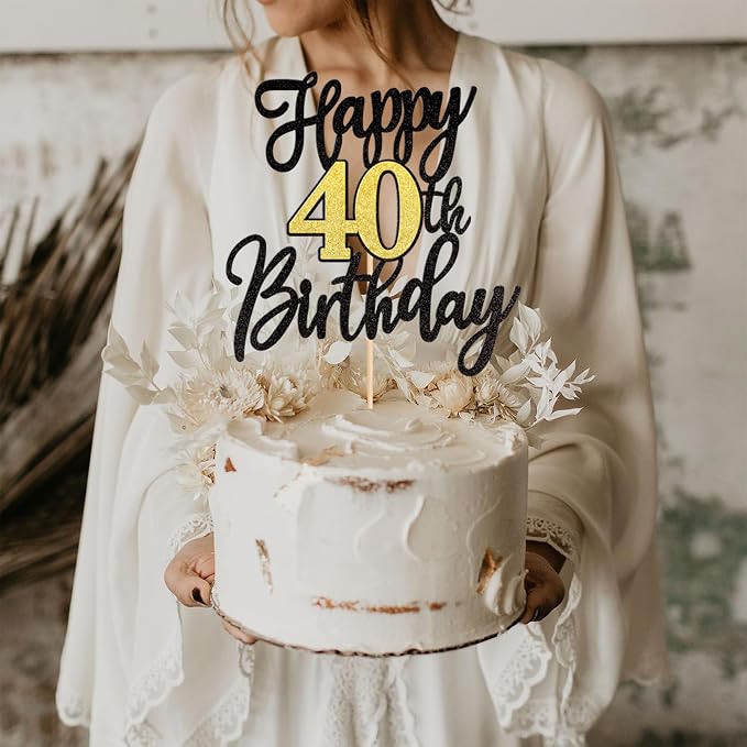 1 PCS Happy 40th Birthday Cake Topper Black Gold Glitter Cheers to 40 Years Birthday Cake Pick 40 Fabulous Cake Decoration for Happy 40th Birthday Anniversary Party Cake Decorations Supplies