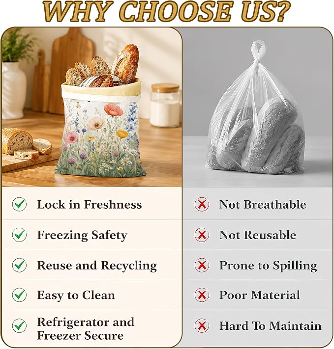 2 Pack Beeswax Wildflower Meadow Bread Bags for Sourdough, Reusable Linen Butterfly Garden Bread Bag 17x13'' Food Storage Cloth Bag Freezer-Friendly & Freshness Preservation