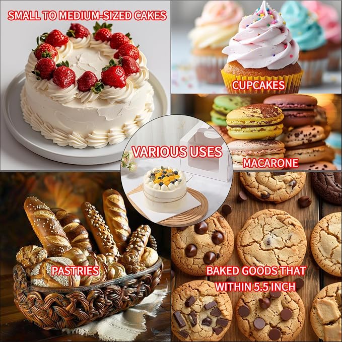 6 Inch Cake Boxes with Boards - 24 Pack White Pastry Boxes, 6x6x6 Inches with Handle for Cupcakes, Bento, Desserts, Christmas, Birthday, Wedding Party Favor