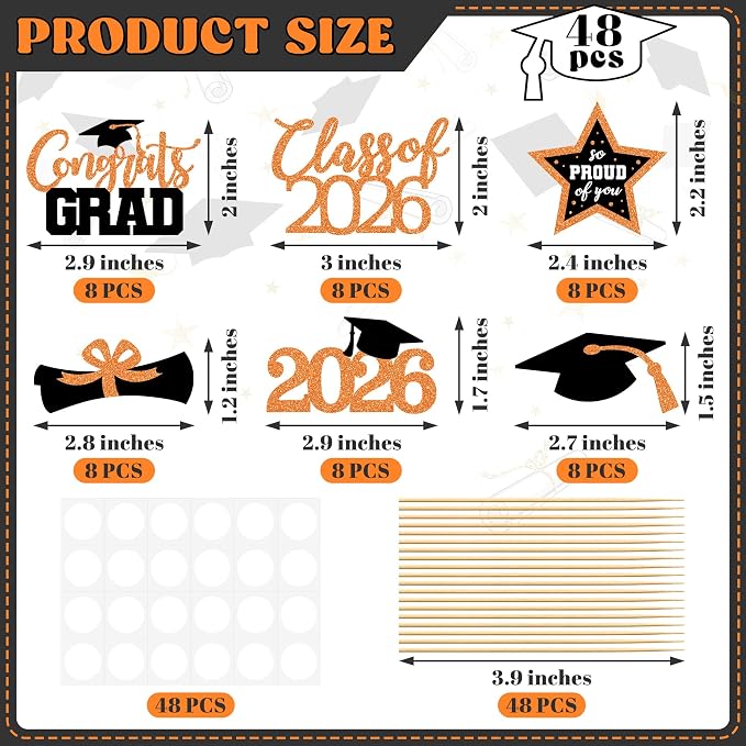 48 PCS Graduation Cupcake Toppers 2026, 6 Styles Grad Cake Topper, Black and Orange Graduation Decorations, Glittery Cap and Diploma Cake Picks for Congrats Grad Decor Party Supplies