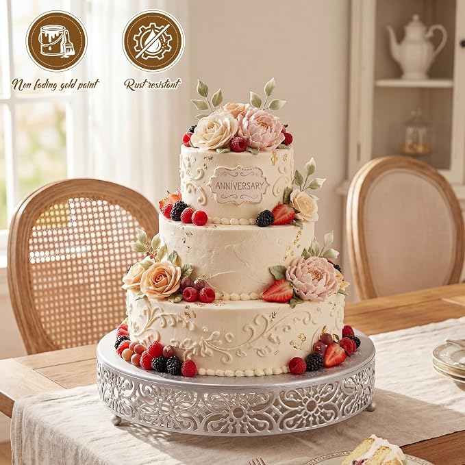 Wenqik 16 Inch Cake Stand Round Metal Cupcake Dessert Wedding Cake Stand Cookies Display Holder Fruit Food Serving Tray for Table Wedding Birthday Anniversary Party Decor (Silver)