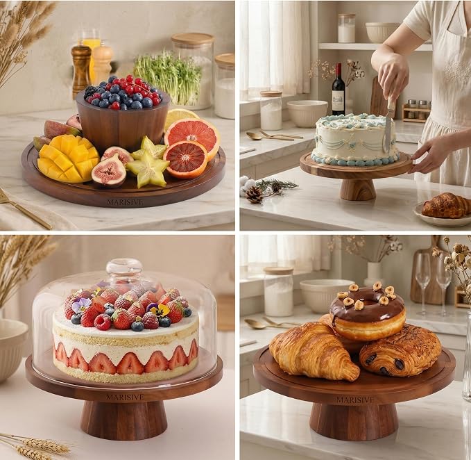 2026 Upgraded Cake Stand with Lid, 11.8 Inch Rotating Dessert Display Stand, Clear Acrylic Dome and Wooden Base, Cake Holder Serving Platter for Kitchen, Party, Wedding