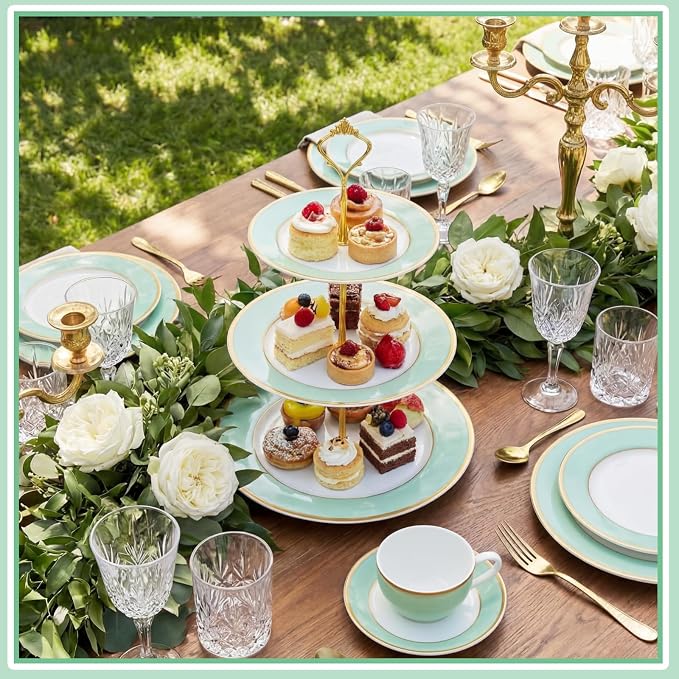 CHENGU 3 Tier Cupcake Stand Green Ceramic with Gold Frame, 10" 9" 7" Dessert Tower for Baby Shower Birthday Wedding Tea Party, Tiered Cake Holder Display for Cupcakes Pastries Fruits