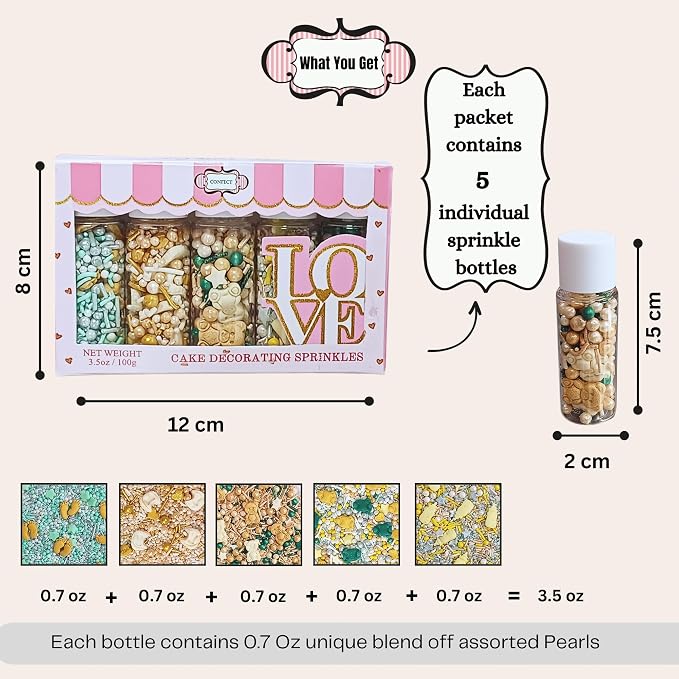 Confect Neutral Baby Shower Sprinkles | Mix Baby Onesie, Bib, Teddy & Heart Sprinkles | Gender Reveal Sprinkles | Edible Pack of 5 Cake Decorating Sprinkle - 5 Oz