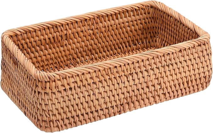 TITA-DONG Rattan Storage Baskets Rectangle Woven Bread Basket Rectangular Wicker Serving Organizer Tray Rattan Fruit Basket, Stackable Wicker Organizer for Kitchen Countertop Bathroom Living Room(S)