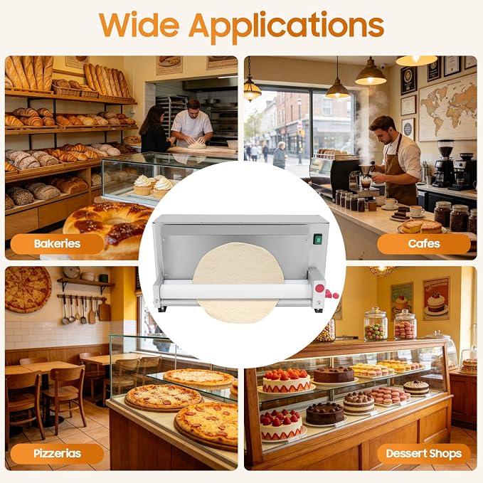 Commercial Pizza Dough Roller Machine, 450W Electric Dough Sheeter Machine Automatic Pastry Press Making Machine, 260 Portions/Hour, Adjustable 1-5.5mm Thickness for Pizza/Pasta/Bakery (3-18 in)