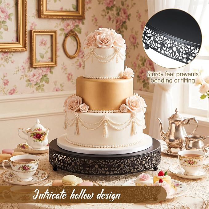 Wenqik 14 Inch Black Cake Stand Set Metal Round Cupcake Dessert Stand with Cake Cutting, Spatula Wedding Cupcake Pastry Display Candy Holder Display for Wedding Party Birthday Baby Shower(Classic)