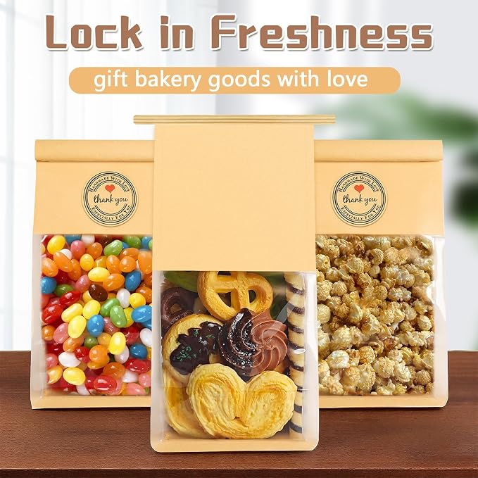 100 Pack Cookie Bags with Seal, 8.2x3.9x3.1 Inch Tin Tie Tab Lock Bakery Bags with Window Resealable Paper Packaging Bag for Muffin, Granola, Candies, Scone, Brownie, Included 100 Thank You Stickers