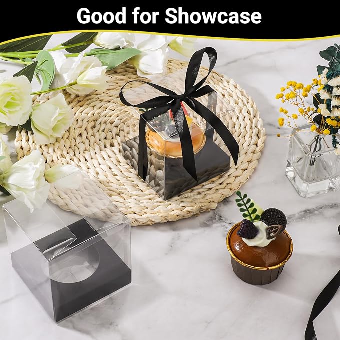 EUSOAR Transparent Cupcake Containers, 24pcs 3.5 Inch Plastic Black Cupcake Carrier Storage for Cake Dessert, Individual Cupcake Wrappers Cupcake Holder with Lids for Wedding Birthday Party Favor