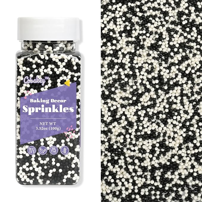 Nonpareils Sprinkles for Cake Decorating, White & Black Sprinkles Perfect for Cupcake Toppers Wedding Party Valentines Halloween Christmas Supplies 3.52 Ounce