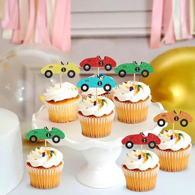 Ercadio 25 Pcs Colorful Race Cars Cupcake Toppers Cute Race Cars Cupake Picks for Racing Car Baby Shower Kids Funny Birthday Party Decoration Supplies