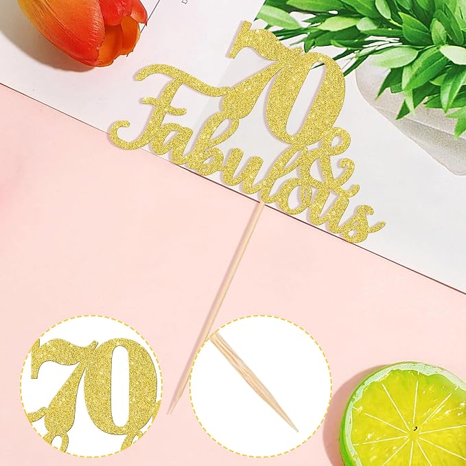 1 PCS 70 & Fabulous Cake Topper Gold Glitter 70th Birthday Anniversary Cake Pick Decoration for 70th Birthday Wedding Anniversary Party Decorations Happy 70th Birthday Cake Decorations Supplies