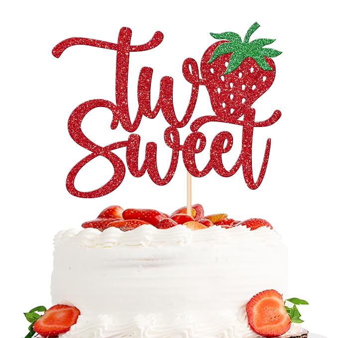 1 PCS Two Sweet Strawberry Cake Topper Red Glitter Strawberry Sweet Two Cake Pick Berry 2nd Birthday Cake Decoration for Strawberry Theme Baby Shower Kids Second Birthday Party Decorations Supplies