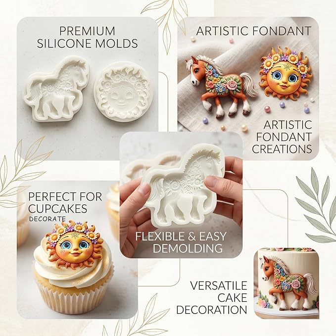 2Pcs Floral Horse Sun Face Silicone Fondant Molds, 3D Pony Sunflower Candy Molds for Cake Decorating Cupcake Toppers Chocolate Resin Soap Clay DIY Baking Sugarcraft Tools Birthday Party